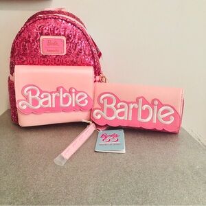 Barbie Loungefly backpack and pink sequin wristlet wallet bundle NEW
